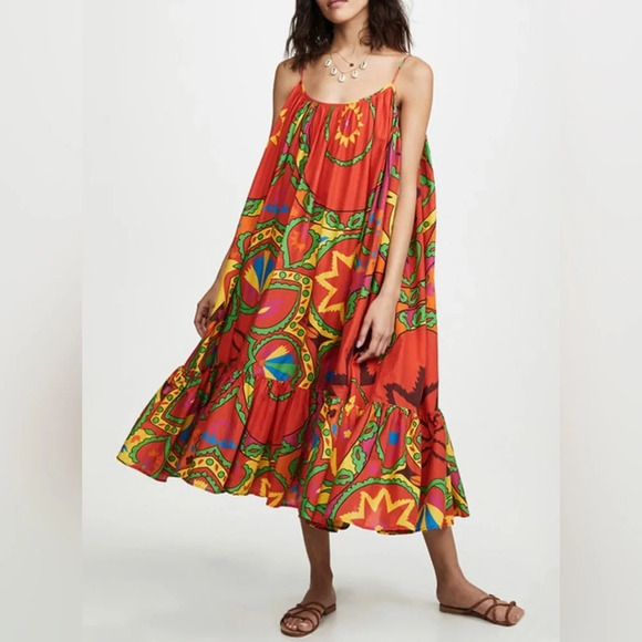 Small Rhode Resort Lea Uzbek Strappy Midi Dress Red Multi sz M - Picture 1 of 4